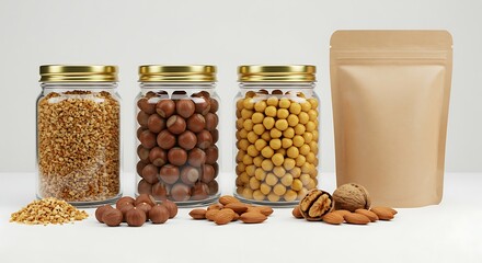 Assortment of nuts in jars and a paper bag on a white background healthy food concept