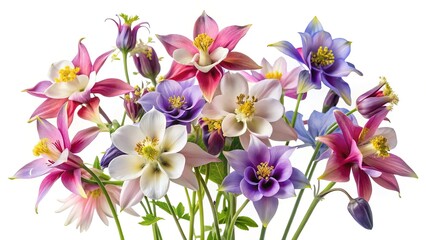 A vibrant and colorful bouquet of columbine flowers against a white background