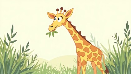 Fototapeta premium Cartoon Giraffe Eating Leaves Illustration in Tall Grass