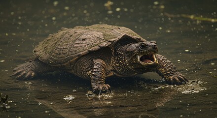 Snapping Turtle Emerging from Murky Waters