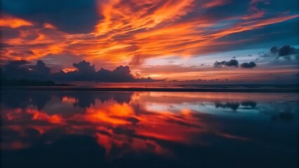 Naklejka premium Fiery Sunset over Calm Waters A Breathtaking Reflection of Nature's Majesty