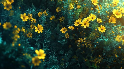 Yellow Flowers  Dark Green Foliage  Blooming Meadow  Nature Photography