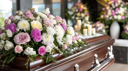 A wooden casket adorned with pink and white flowers, surrounded by lit candles and floral arrangements at a funeral service.