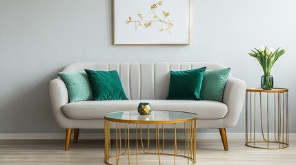 Modern living room interior design featuring a light couch and gold accents.