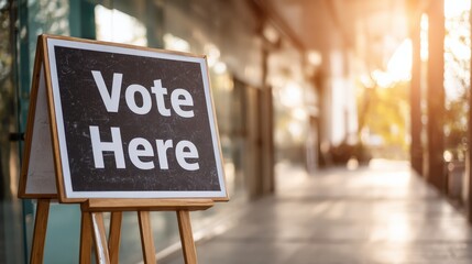 A sign reading "Vote Here" stands outside a building, inviting people to participate in an election.