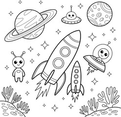 Cute space coloring page rockets aliens planets stars