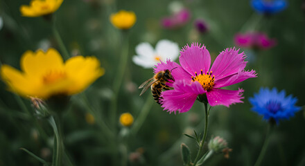 Fototapeta premium A honeybee visiting a vibrant pink cosmos flower in a colorful flower field