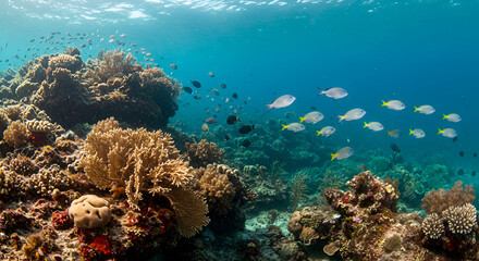 Naklejka premium Vibrant coral reef ecosystem teeming with fish and marine life underwater scene