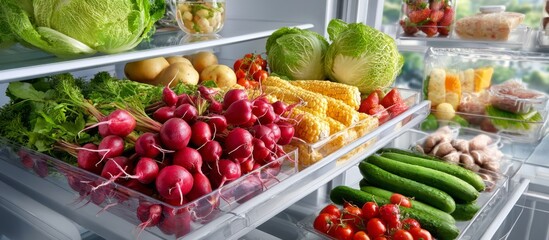 Obraz premium Fresh and Colorful Produce Display in Modern Refrigerator