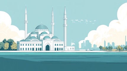 Serene Mosque by the Water: A City Skyline View