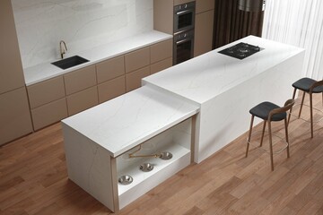 Luxurious kitchen designs with white marble kitchen countertops and inbuilt dog food tray in countertop with wooden furniture, wooden flooring. Mockup. 3D Illustrations. 3D Rendering