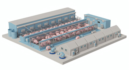 Isometric Rendering of a Pig Farm with Automated Cleaning Systems Depicted