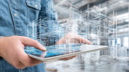A person holds a tablet displaying a digital architectural wireframe of a building in a modern workspace.