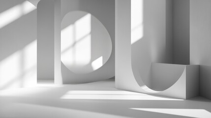 Abstract White Minimalist Interior Design with Sunlight Shadows