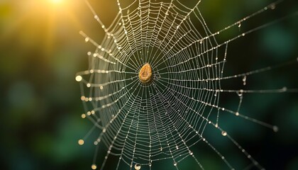 Fototapeta premium Spiderweb with Water Droplets and Sunlight, Close-up Web Design