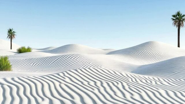 Serene Desert Landscape with Soft Dunes and Palm Trees Under Clear Blue Sky during Sunny Day
