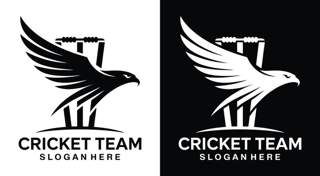 Cricket Team Logo Bold Black Stumps and Falcon Design for Competitive Speed