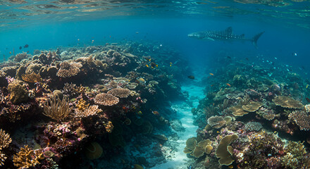 Fototapeta premium Exploring underwater paradise: vibrant coral reef ecosystem with whale shark