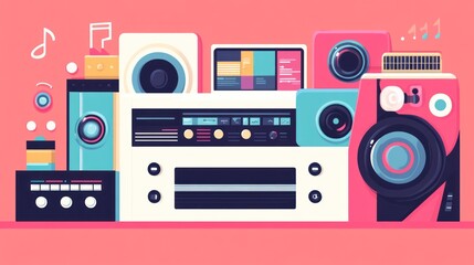 Retro Music Tech Collage: A vibrant illustration of vintage audio equipment and music technology, showcasing a nostalgic blend of classic and modern aesthetics.