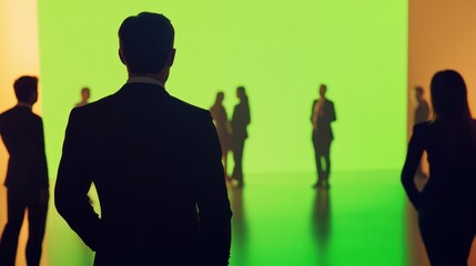 Silhouette of a Businessman Against a Green Background, Surrounded by Colleagues