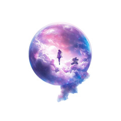 Obraz premium Dreamlike Girl Walking on Clouds Inside a Purple Sphere