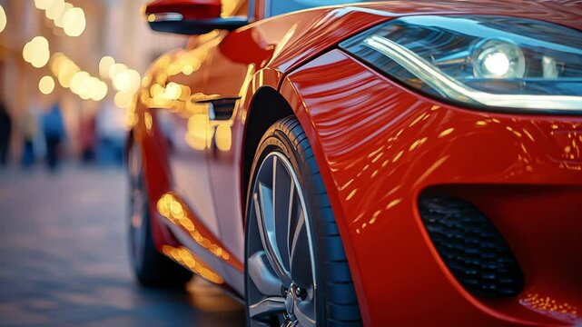 Red sports car driving on the road at high speed