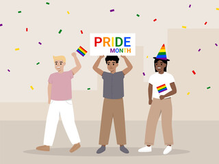 Three diverse people celebrate pride month, holding rainbow flags and colorful sign, surrounded by confetti, expressing joy and support for LGBTQ community