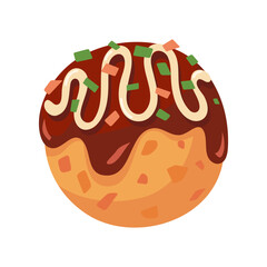 Vector Illustration of Takoyaki Ball with Sauce and Garnish on White Background