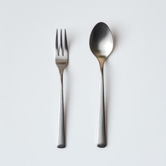 A minimalist flatlay showcasing a dark-grey metal spoon and fork on a bright white background.  The utensils have straight, simple handles