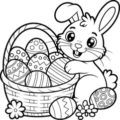 Adorable easter bunny with basket of decorated eggs coloring page