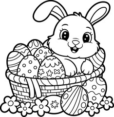 Adorable easter bunny in basket with colorful eggs