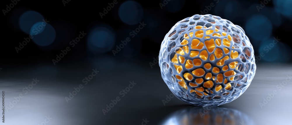 Poster a metallic sphere with a lattice structure encases a glowing orange core, resting on a reflective da
