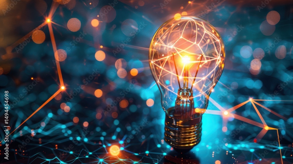 Poster illuminated lightbulb with network connections on a blue and orange bokeh background design