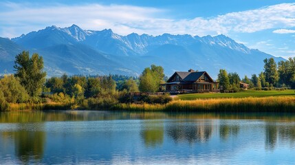 Obraz premium Scenic lakeside cabin retreat nestled against majestic mountain backdrop