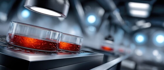 Petri dishes with red liquid under laboratory lights in a futuristic, high-tech science lab setting.