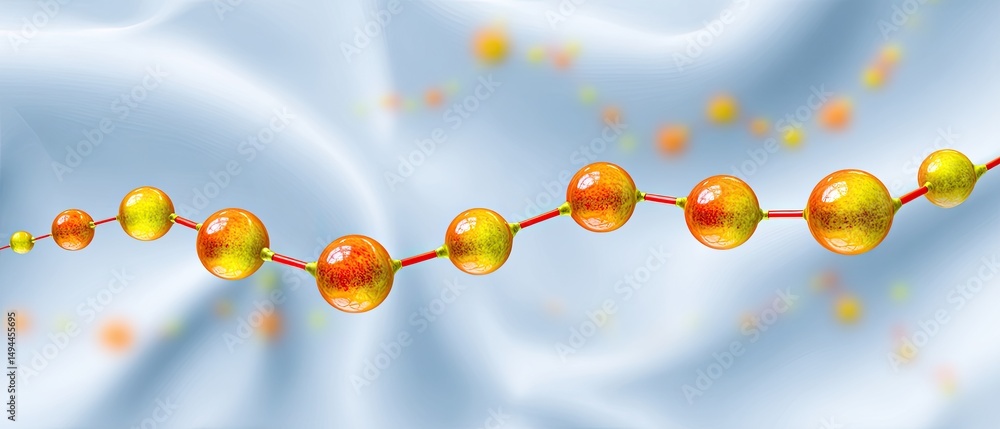 Poster colorful, abstract spheres connected in a chain pattern float on a soft, wavy blue background.