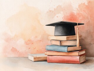 graduation cap and stacked books set against a soft watercolor backdrop, warm hues with ample space for personalized text, elegant and inspiring composition. High quality. High quality