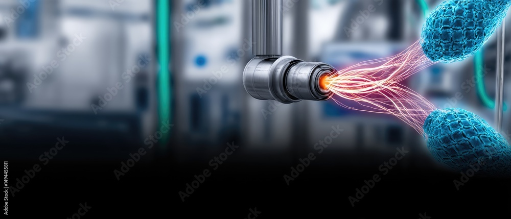Poster a high-tech robotic arm connects with digital threads, symbolizing advanced technology and automatio