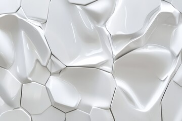 Abstract white surface with a fractured, glossy, and three-dimensional texture composed of irregular, polygonal shapes