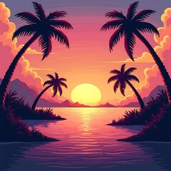 Obraz premium Sunset Paradise: Tropical Beach Scene with Palm Trees and Ocean