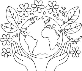 Hands holding earth surrounded by flowers and leaves