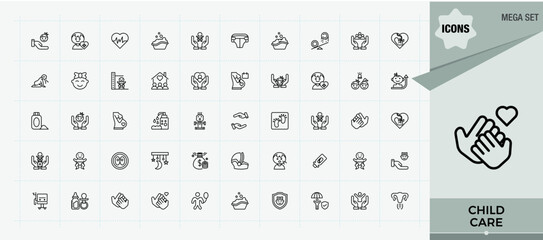 Child Care vector icon set. Minimalist icons collection. Babies Care vector line icon set. Contains outline symbols like kid, feeding, health, newborn, child, babies care and more.