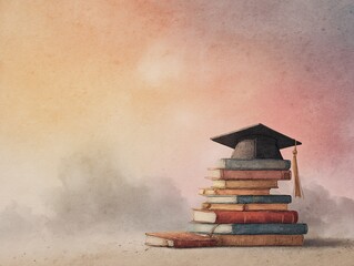 graduation cap and stacked books set against a soft watercolor backdrop, warm hues with ample space for personalized text, elegant and inspiring composition. High quality. High quality