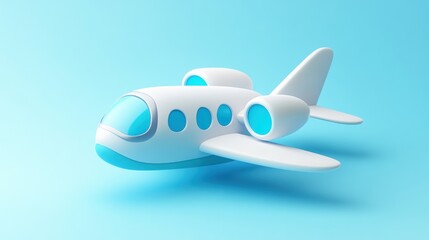 Fototapeta premium Cartoon airplane in flight on blue background depicting travel and transportation