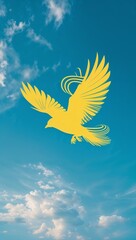 Fototapeta premium Yellow silhouette of a bird in flight with wings made of curved article lines on a clear blue sky background wallpaper background vertical design concept