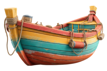 PNG Colorful wooden boat with ropes and barrel on deck