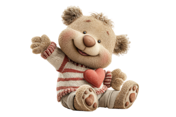PNG Cute teddy bear with heart and striped sweater waving hello