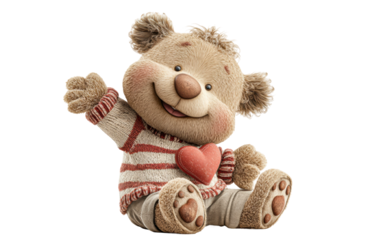 PNG Cute teddy bear with heart and striped sweater waving hello