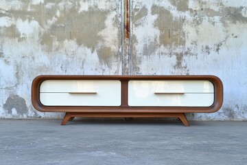 Fototapeta premium Mid-century modern style low media console; rich brown wood, curved edges, two off-white drawers, tapered legs, against a textured wall