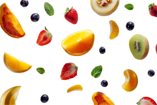 Floating Colorful Fruit Pieces on Transparent Background, PNG
